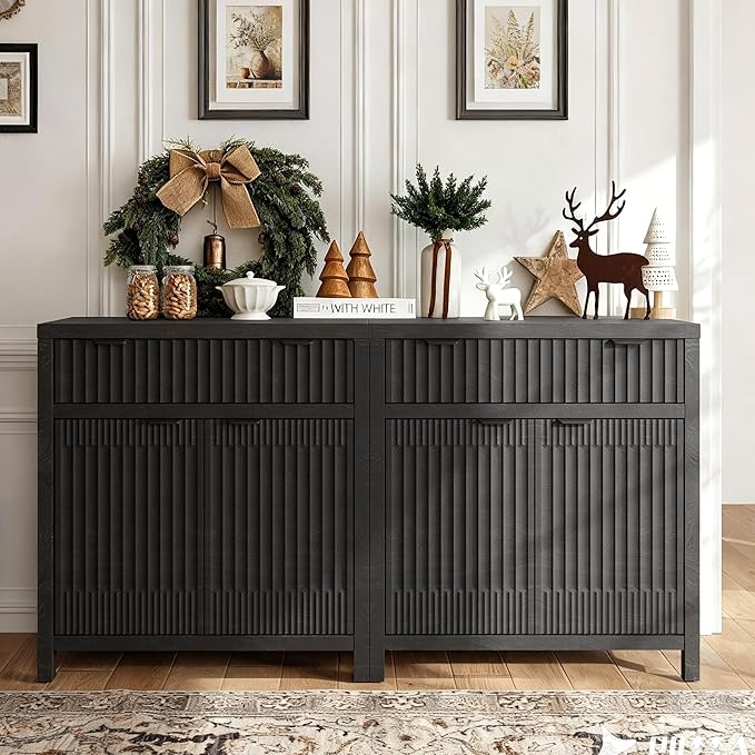FLOWBACK 64'' Sideboard Buffet Cabinet with Large Storage,Black Fluted Credenza Coffee Bar Storage Cabinet with Drawer and Door, Modern Console Cabinets for Kitchen, Living Room, Entryway,2 PCS