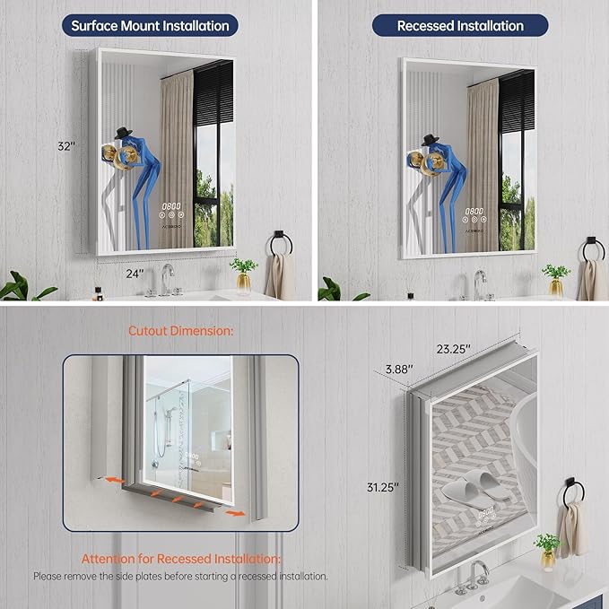 24"×32" Bathroom Medicine Cabinet with Mirror, Surface or Recessed Lighted Medicine Cabinet, 3-Color Dimmable Lights, Defogger, Bathroom Mirror with Outlet, Clock&Temp Display, Door Left Open