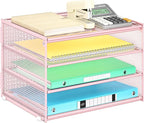 Lavatino 3-Tier Letter Tray Desk Paper Organizer – Pink Mesh Metal File Tray Organizer for Desk, Office Supplies & Home Organization | Fits A4/Letter Paper, Mail, Magazines and Office Accessories