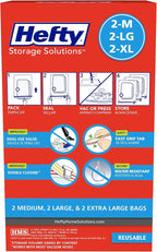 Hefty Shrink-Pak - 2 Medium, 2 Large, 2 XL Vacuum Seal Storage Bags – Space Saver Bags for Clothing, Pillows, Towels, or Blankets, 6 Pc Set