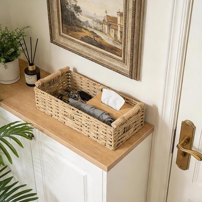 2 PCS Toilet Paper Storage Basket, Paper Rope Imitation Wicker Bathroom Baskets for Toilet Tank Basket with Handles for Desk, Shelf, Countertop, Boho Coastal Bathroom Decor Beige