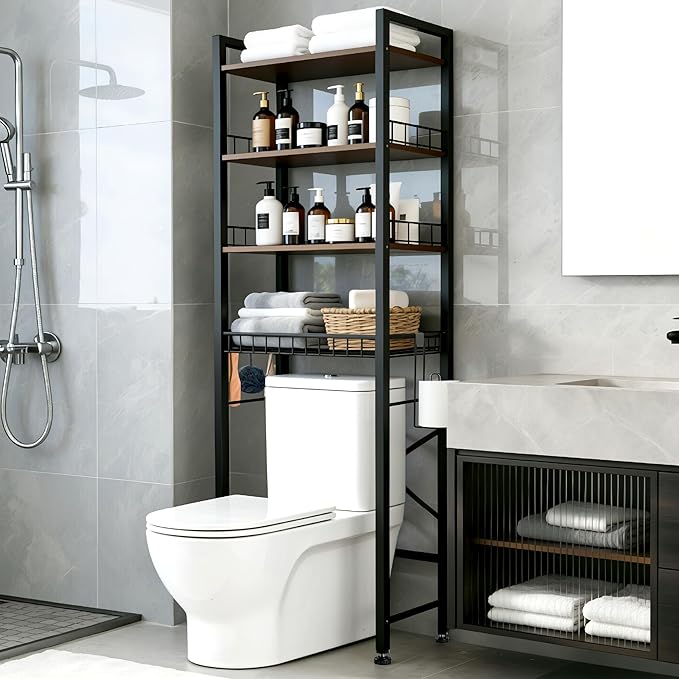 4-Tier Bathroom Organizer Shelf Over The Toilet Storage Cabinet with Feet Pad Over The Toilet Storage Rack with Adjustable Shelf and Basket Bathroom Shelves Above Toilet Bathroom Shelves