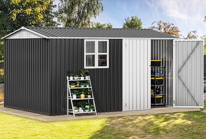 DWVO 12x8ft Large Tool Storage Shed with Window, Lockable Doors, and Sloped Roof, Oversized Steel Outdoor Storage Shed for Garden, Patio, Garage, Backyard, Lawn(Gray + White)