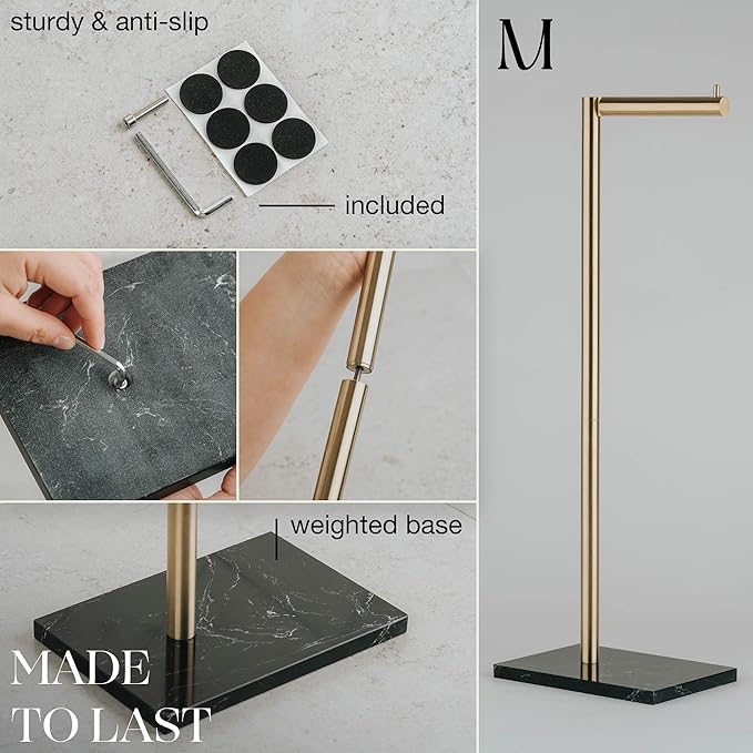 MARMOLUX ACC Free Standing Gold Toilet Paper Holder Stand with Black Marble Base and Storage | 4 Jumbo Roll Bathroom Hardware Toilet Tissue Organizer | Stainless Steel Bathroom Decor Accessory