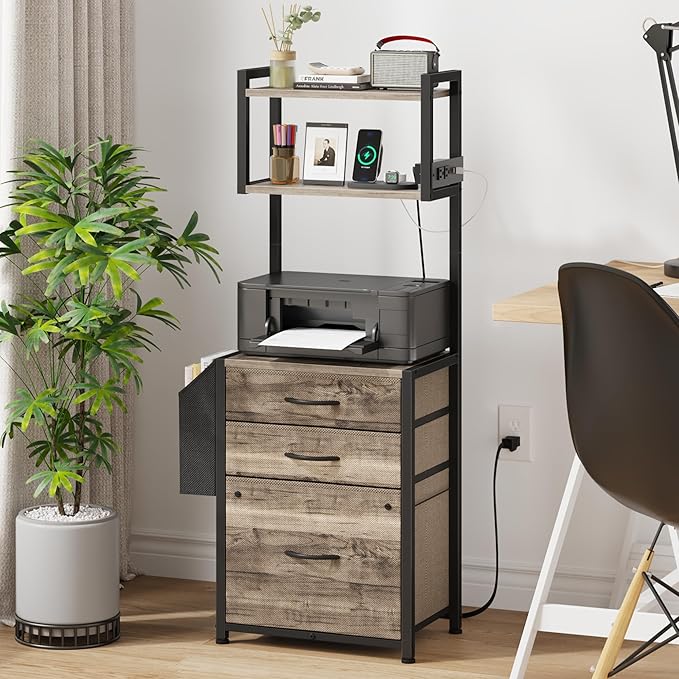 Small 3 Drawer File Cabinet with Charging Station, 45''H, 3-Tier Filing Cabinet for Home Office, 11''*16'' for Small Printer, Fabric Drawer Fits Letter/A4, Tall Printer Stand, Grey