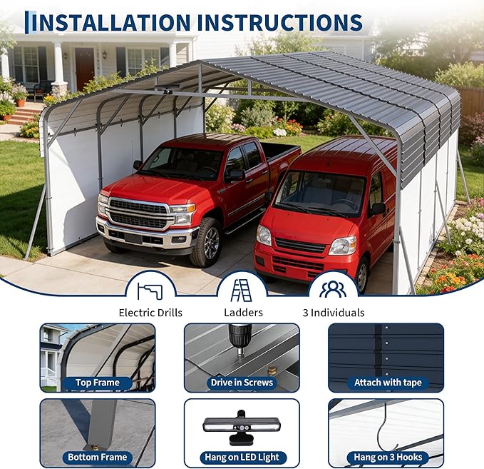 20x20FT Metal Carport w/Led Light,Outdoor Portable Car Garage,Removable PE Sidewalls,Reinforced Base & Galvanized Steel Roof, Outdoor Car Port Canopy Shelter for Boats, Full-Sized Pickup Trucks