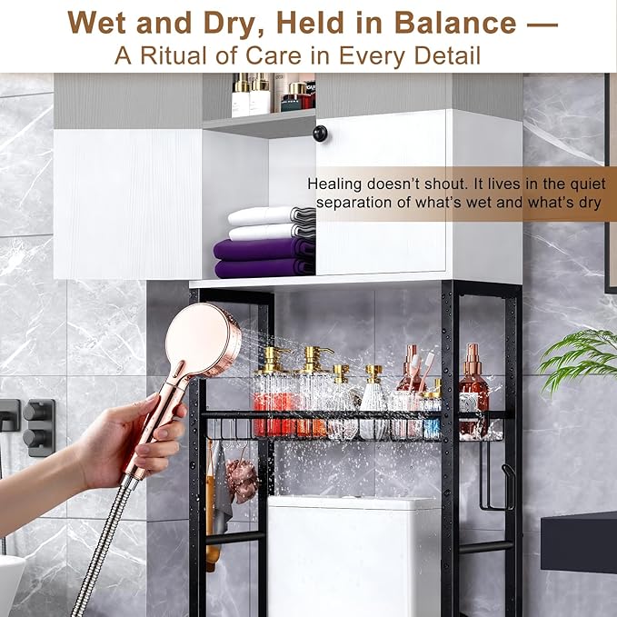 Over-The-Toilet Storage Rack, 4-Tier Bathroom Organizer Shelf Over Toilet with Barn Doors Cabinet and Basket, Freestanding Space Saver Bathroom Shelves with Paper Holder Above Toilet (Gray & White)