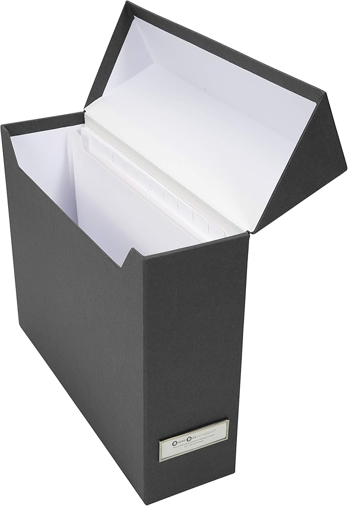 Bigso Lovisa Fiberboard Label Frame 12 File Storage Box - Document Organizer for Important Paperwork - Durable Hanging File Box w/Flip Top Lid & Metal Label Window - 3.7in x 13in x 9.4in - Dark Grey
