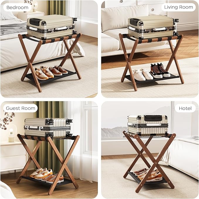 Fully Assembled Luggage Rack, Walnut Luggage Rack for Guest Room, Bamboo Folding Suitcase Stand with Storage Shelf, 5 Nylon Straps, Luggage Holder for Bedroom Hotel, 26.77"W x 16.93"D x 22.5"H, 1 Pack