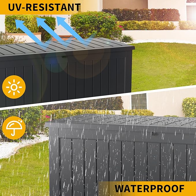 Outdoor Storage Box 180 Gallon Waterproof, Large Lockable Resin Deck Box Patio Storage Bin for Pool Accessories Cushion Furniture, Garden Tools, UV-Resistant Outside Delivery, Black