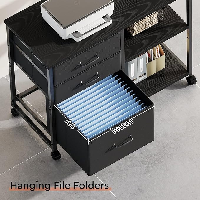 3 Drawer File Cabinet with Wheels Rolling Printer Stand with Open Storage Shelf Fabric Lateral Filing Cabinet for Home Office,Black