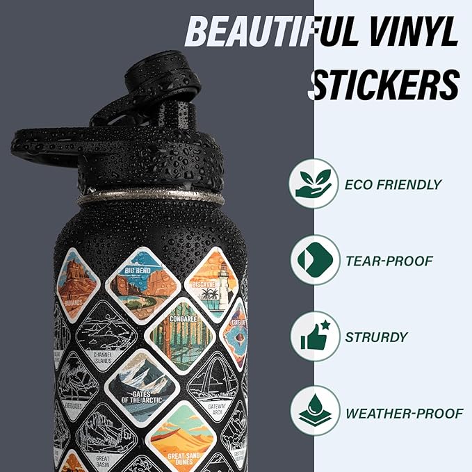 National Parks Water Bottle – 40 oz Insulated Stainless Steel Bottle with 63 Hand-Drawn Park Stickers, Carrier Bag, Strap & Gift Box – BPA-Free – Ideal for Hiking, Camping & Travel