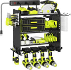 4 Layer Heavy Duty Power Tool Organizer Wall Mount with Charging Station, Adjustable Metal Storage Rack, 6 Outlets Strip, Drill Holders, Hooks & Drill Bit Rack for Garage, Workshop, Black