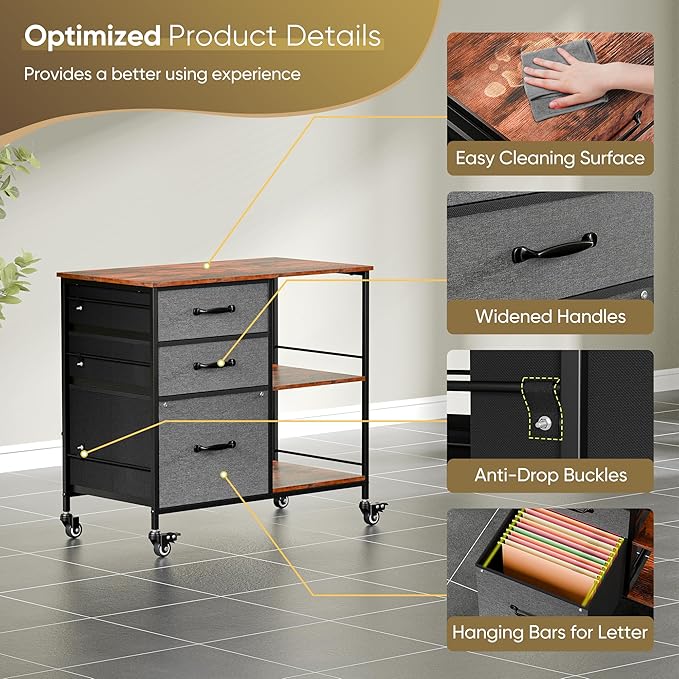 ZENY Lateral File Cabinet with 3 Drawers, Mobile File Cabinet Printer Stand, Rolling Fabric Lateral Filing Cabinet for Office Home Small Space (Grey)