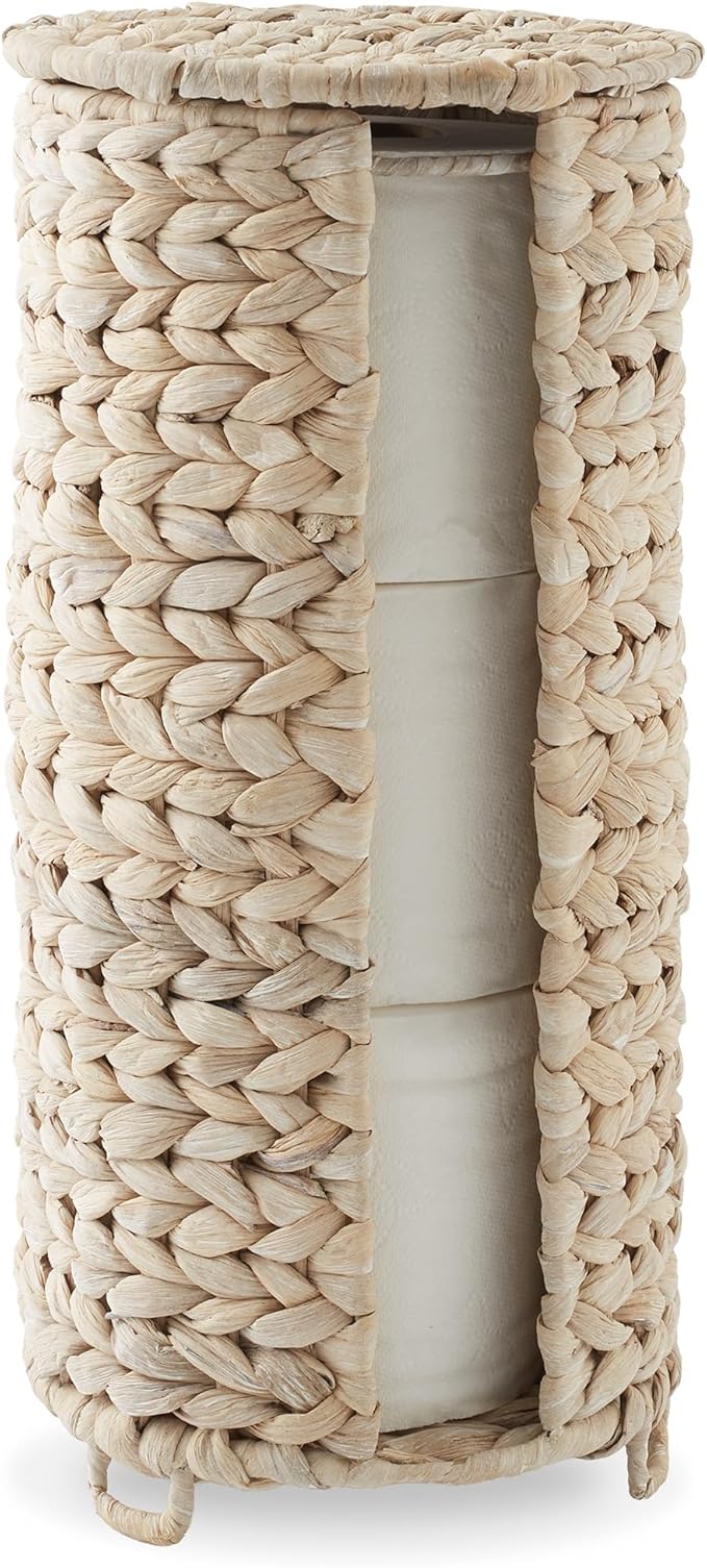 Casafield Free Standing Toilet Paper Storage Roll Holder with Lid - Whitewash, Fits 3 Rolls, Water Hyacinth Bath Tissue Organizer for Bathroom