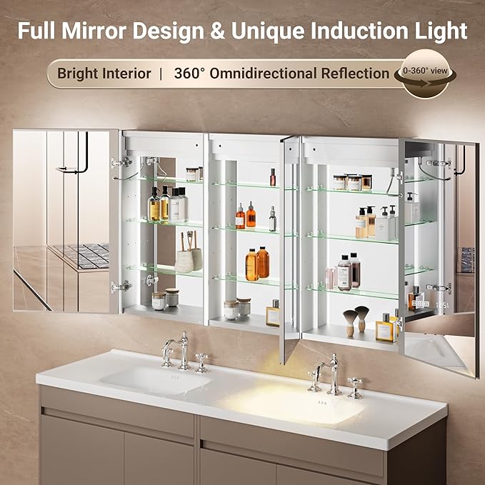 60x32 Lighted Medicine Cabinet Mirror with Magnifying & Night Lamp, 155° Soft-Close Hinge, Surface or Recessed Medicine Cabinet with Lights & Outlet, GFCI,Time Display& Inner Light,Hardwired