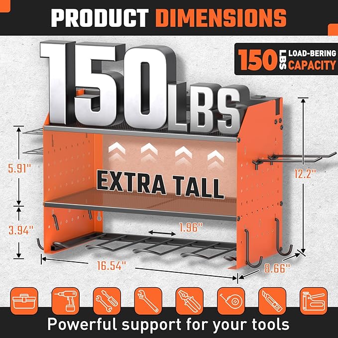 Power Tool Organizer with Charging Station, Heavy Duty 4 Layer Drill Holder Wall Mount Garage Shelf Rack with 6 Outlet Power Strip, Tool Shelf with Hooks, Drill Bit Rack for Garage, Orange