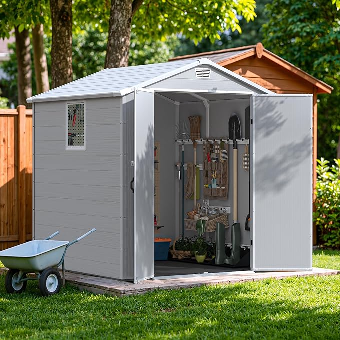 Devoko 6x6 FT Plastic Outdoor Storage Shed with Floor, Resin Garden Shed with Lockable Door and Window, Waterproof Outside Tool Storage Shed for Patio, Garden, Backyard, Light Gray