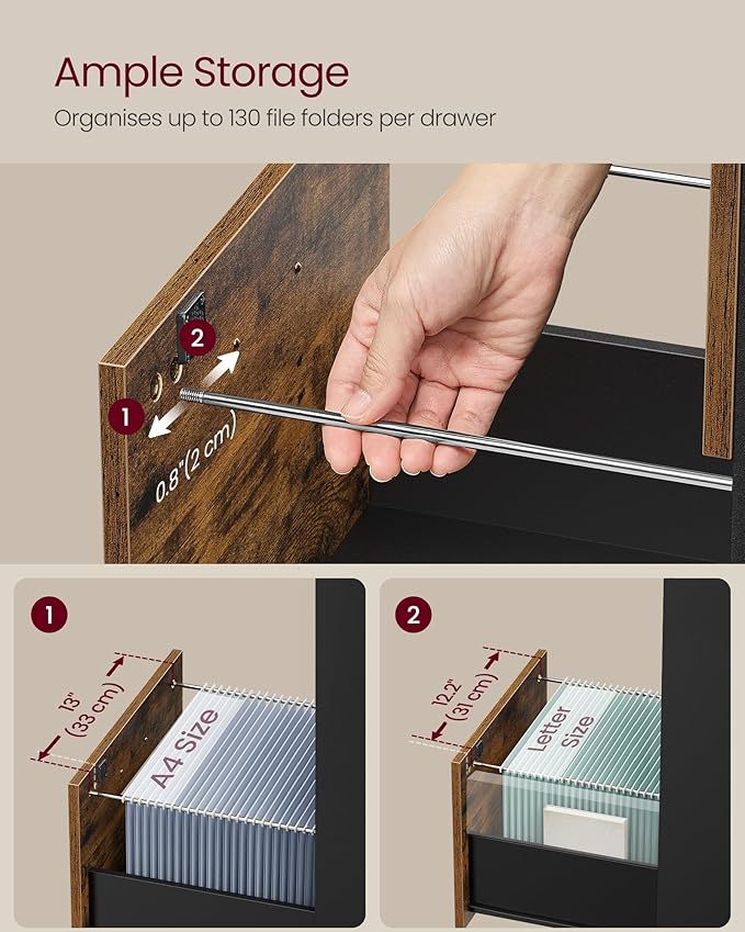 VASAGLE 4-Drawer Vertical File Cabinet, Filing Cabinet for Home Office, Printer Stand, with 4 Lockable Drawers, Adjustable Hanging Rail, for A4 and Letter-Size Files, Rustic Brown UOFC082K01