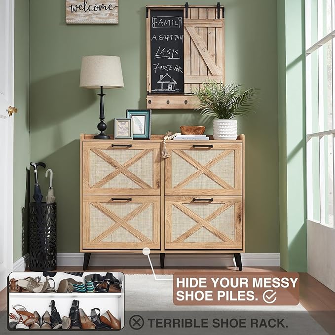 Shoe Storage Cabinet, Boho Shoe Organizer with 4 Flip Drawers & Rattan Design,Farmhouse Freestanding Hidden Slim Narrow Shoe Rack Cabinet for Entryway, Foyer,Hallway,Natural