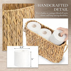 Toilet Paper Storage, Handwoven Toilet Paper Baskets with Handle for 9 Standard Rolls, Large Water Hyacinth Magazine Holder Narrow Wicker Trash Can for Bathroom Accessories