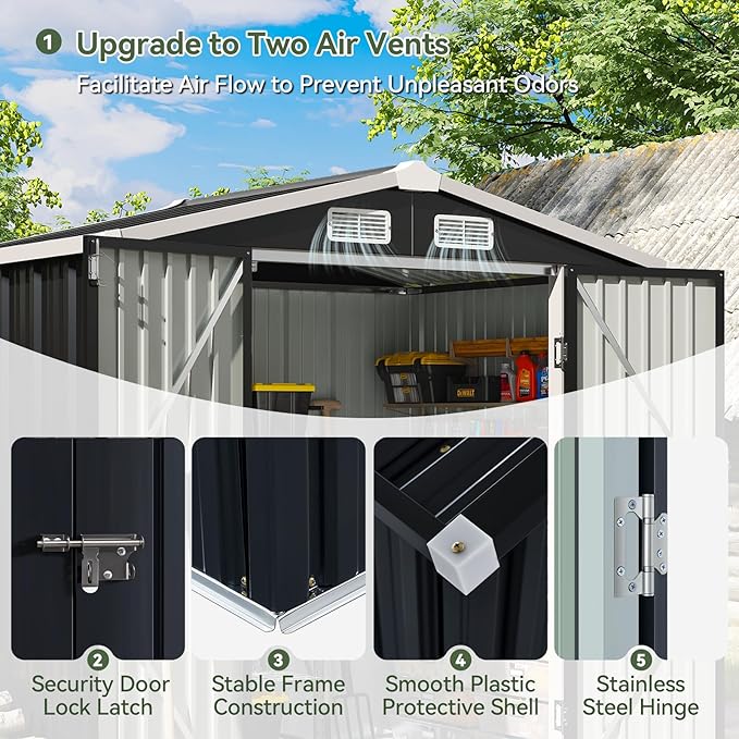 Aoxun 6.2x4 FT Shed Outdoor Galvanized Storage Shed with Large Lockable Doors for Lawn, Backyard, Patio (Black)