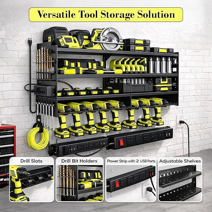 Large Power Tool Organizer Wall Mount, 6-Shelf Heavy Duty Metal Tool Storage Rack with Drill Holder Slots, Side Screwdriver Racks and Hook Bar, Wall Mounted Tool Organizer for Garage Workshop
