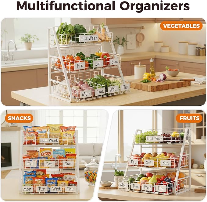 Upgraded Egg Holder Countertop with Removable 5 Dividers & Date Plate, 3 Tier Pull Out Large Egg Basket for Gathering Fresh Eggs, Kitchen Organizer, The Size - 6.7“x16.6”x11.3