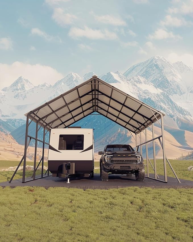 Garvee 20x20 ft Metal Carport Kit, 120° Steep-Pitch Vertical Roof for Snow Shedding, 173" High-Clearance RV & Tractor Shelter, Heavy-Duty 2 Cars Car Port with Reinforced Frame