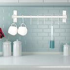 Dseap Kitchen Utensil Holder Hanger, Pot and Pan Rack Wall Mount, Kitchen Rail with 8 Hooks for Hanging Cooking Utensils, Mugs, Spoons, Wall Mounted, Stainless Steel, White