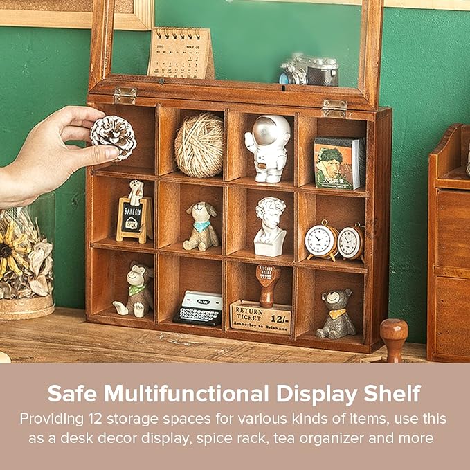 Mini Clear Display Wood Cabinet with 12 Slots - 10" x 15.5" Collectibles Display Case - Wooden Floating Shelves for Display & Home Decor - Vintage Style Wood Cubby Shelf with Front Clear Cover