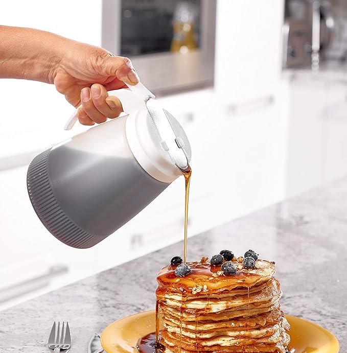 [5 PACK] EcoQuality 48oz Plastic Syrup Dispenser with Plastic Lid and Stainless Steel Slide Cover - Syrup, Sugar, Honey Dispenser - Perfect for Diners, Restaurants, Home, Office, Disposable (48 Ounce)