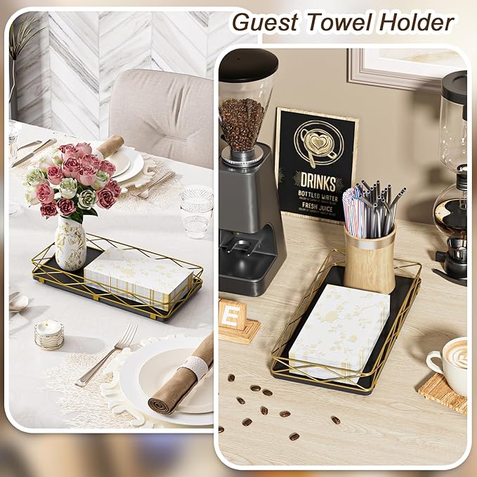 Toilet Paper Basket Holder, 13" Toilet Tank Tray, Wood and Metal Toilet Tray Vanity Organizer Bathroom Tray, Kitchen Sink Organizer for Soap Dispenser (Black + Gold)