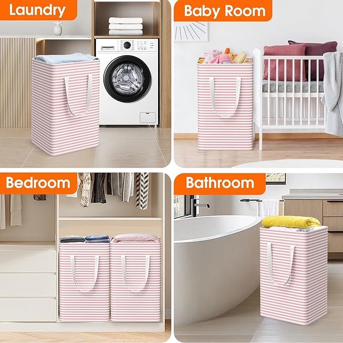 3 Pack Large Laundry Basket,Waterproof & Freestanding Laundry Hamper,Collapsible Clothes Hampers with Easy Carry Long & Reinforced Handles in Bathroom,College Dorm(75Lx3,Pink)