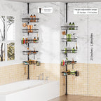 Adjustable Tension Pole Shower Caddy, 5-Tier Stainless Steel Shower Shelf Organizer with 2 Movable Toothbrush Holders, 25-115 Inches Extendable Bath Tub Conner Storage Shelf for Family, Black