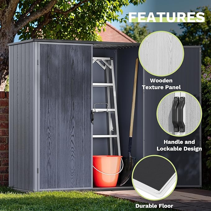 Devoko 5x3 FT Resin Outdoor Storage Shed with Floor, Plastic Outdoor Storage Cabinet, Waterproof Vertical Tool Shed with Lockable Door for Patio, Garden, Backyard, Dark Gray