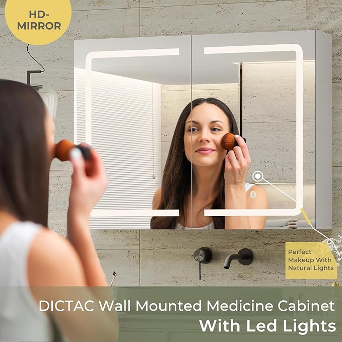 DICTAC Medicine Cabinet with Mirrors and Storage 31.5''x23.6'' Wall Mounted Bathroom Mirror Cabinets with Led Lights Double Doors Mirror Lighted Medicine Cabinets with Adjustable Storage Shelf,White