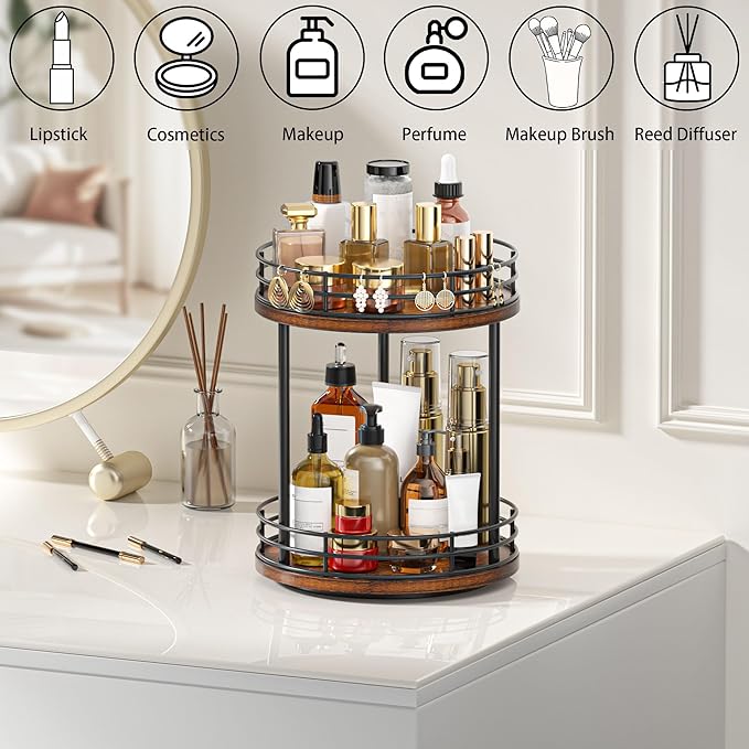 Bathroom Organizer Countertop,2 Tier Rotating Makeup Organizer Countertop for Vanity,Wooden Bathroom Counter Storage Shelf,Lazy Susan Turntable for Perfume,Skincare,Cosmetic (Brown)