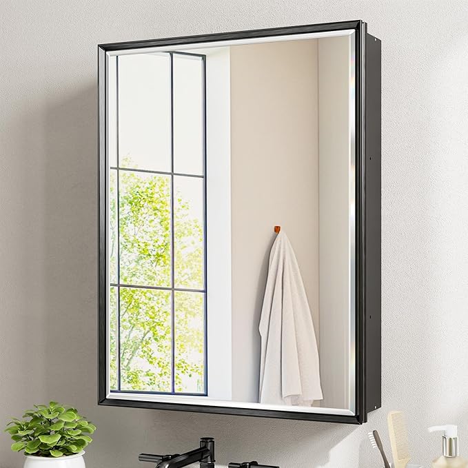 20x26 Pre-Assembled Black Medicine Cabinet with Mirror, Surface or Recessed Medicine Cabinet Mirror for Bathroom, Aluminum Beveled Frame Bathroom Vanity Mirror with Adjustable Shelves Storage