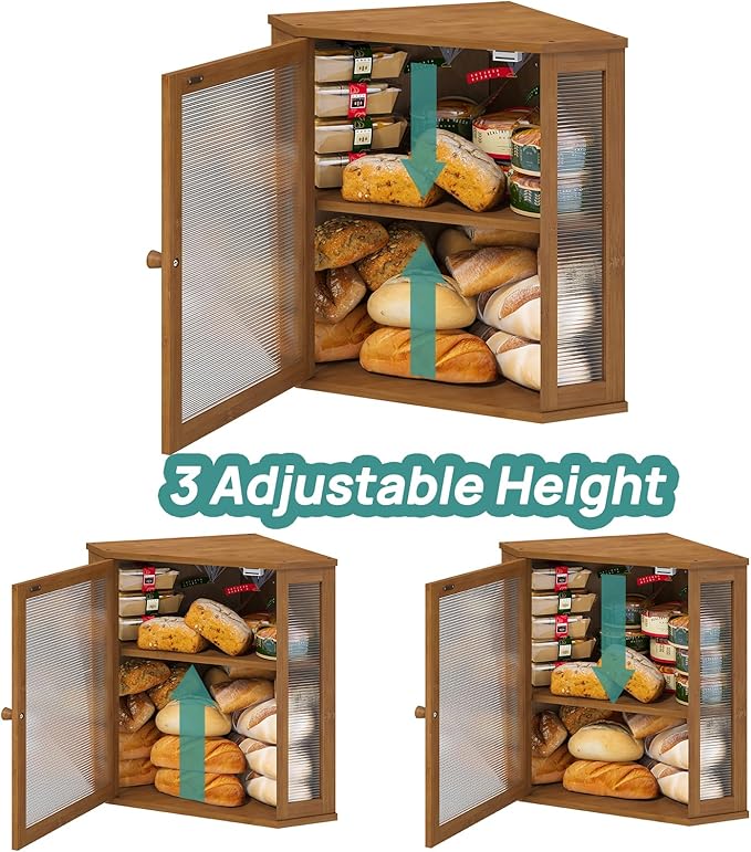 Corner Bread Box for Kitchen Counter, Bamboo Wood Large Capacity Bread Storage Bin with Acrylic Wavy Door Panel (Brown, Extra Large)