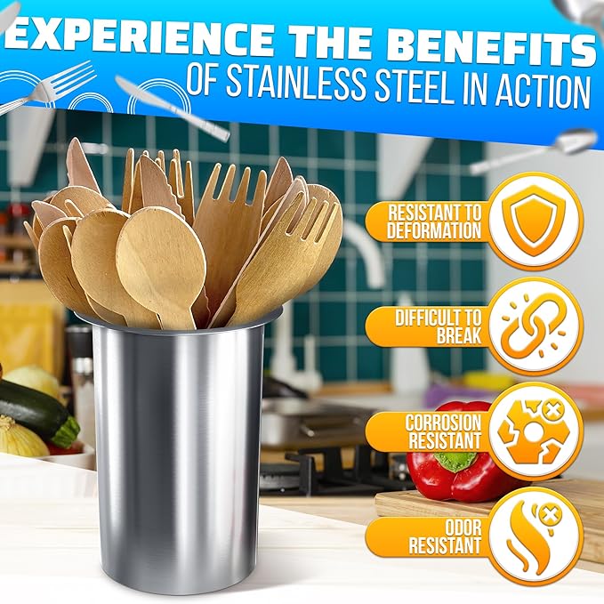 Countertop Utensil Holder Stainless Steel - 5.5 x 4.5" Stainless Steel Utensil Holder for Kitchen and Bars, Odor and Rust Resistant, Durable and Dishwasher Safe, Good for Home and Commercial Use