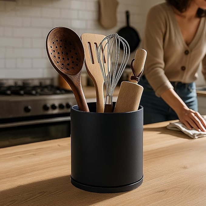 D'vine Dev 360° Rotating Utensil Holder – 7.2" Kitchen Utensil Crock for Countertop, Modern Cooking Tool Organizer for Kitchen Storage & Décor, Black, 72-X-B-2