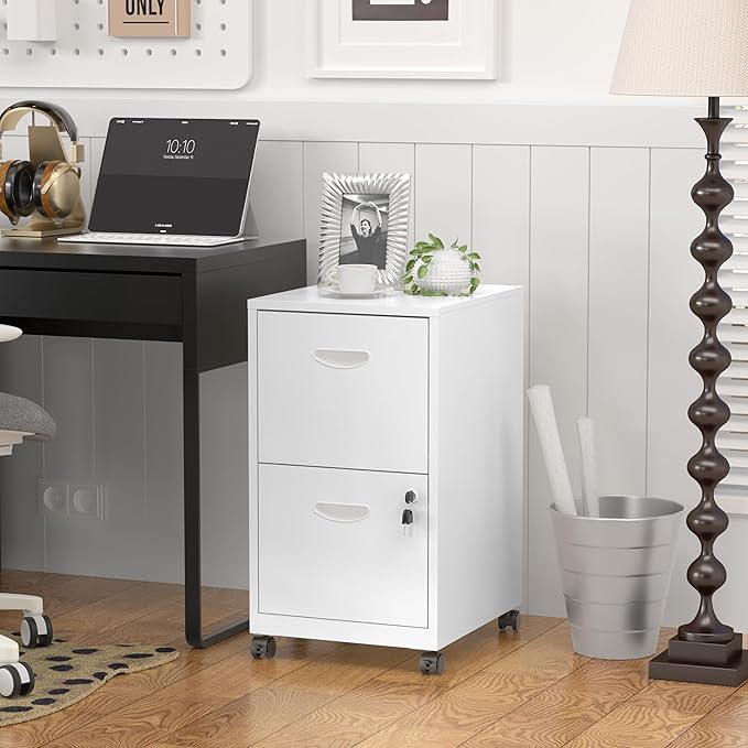 2 Drawer File Cabinet with Lock，White Rolling File Cabinet for Home Office, Metal Small Mobile Filing Cabinets on Wheels for Hanging Letter