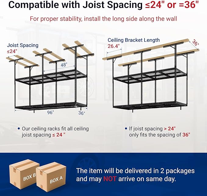 FLEXIMOUNTS 3x8 2-Tier Overhead Garage Storage Rack – Adjustable Heavy Duty Metal Garage Ceiling Storage Racks, 1000 lbs Capacity – Garages Organization System for 9–15 ft Tall Garages, Black