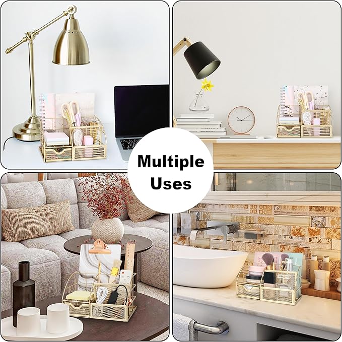 Exerz Desk Organizer Golden Office Desk Accessories Supplies Office Storage Desktop Pencil Pen Holder with Drawer Home Workspace