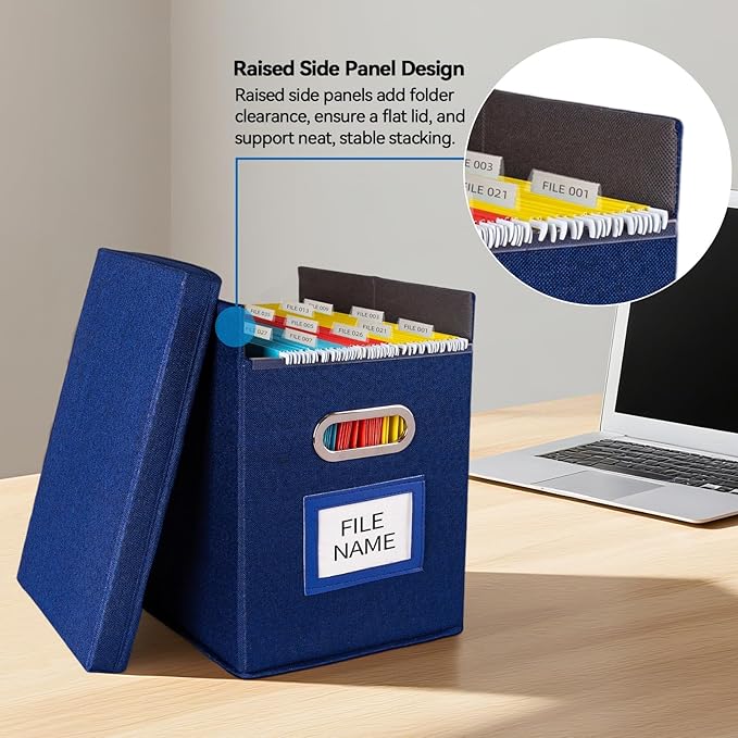 2 Pack Hanging File Folders Organizer with Lid, Letter Size Fabric File Storage Box Collapsible, Portable Office Document Holder with Metal Handle, Smooth PVC Rails, Blue