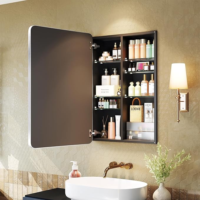 Medicine Cabinet 20x26 Inch, Aluminum Bathroom Mirror Cabinet with Storage, 6 Adjustable Glass Shelves, Rust Proof Recessed or Surface Mount Wall Cabinet, Soft Close, Brushed Silver