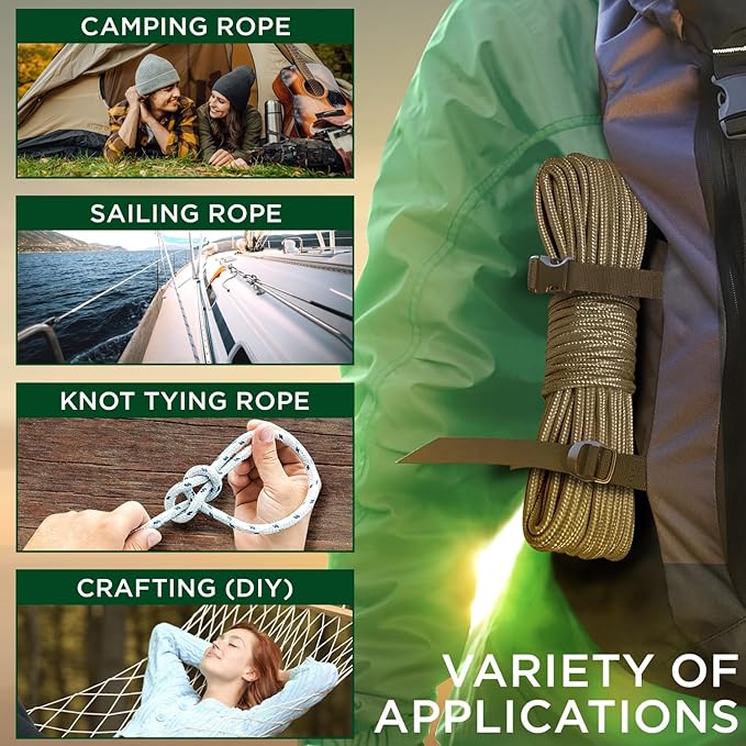 TECEUM Rope – 150 Feet x 1/4 Inch (7mm) – Coyote Brown – Strong All-Purpose Utility Rope – Camping, Crafting, Flag Pole, Indoor & Outdoor – Polypropylene Nylon Poly Lightweight Diamond Braided Cord