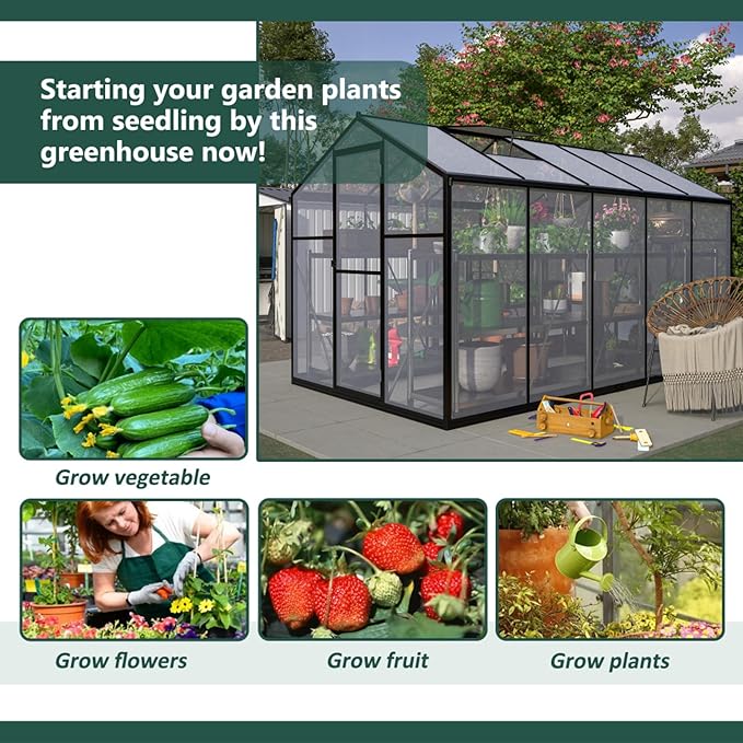 Polycarbonate Greenhouse for Outdoors, Large Walk-in Aluminum Frame Greenhouse with Lockable Door, Adjustable Roof Vent, UV Protection, Weather-Resistant for Garden Backyard (Black,6x10 FT)