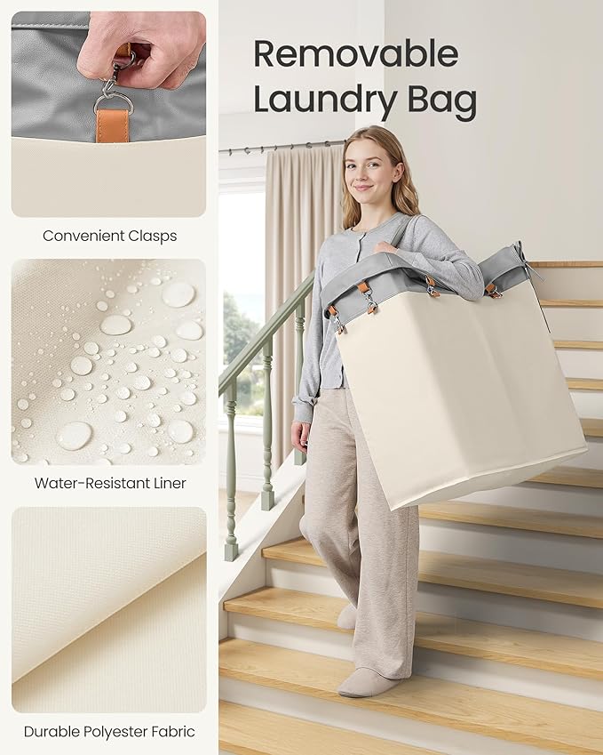 SONGMICS Laundry Basket with Wheels, 2-Section Rolling Laundry Hamper, 37 Gallons (140 L), Removable Liner, Steel Frame with Handle, 27.2 x 15.4 x 31.9 Inches, Dove Gray and Cream White URLS004GD02
